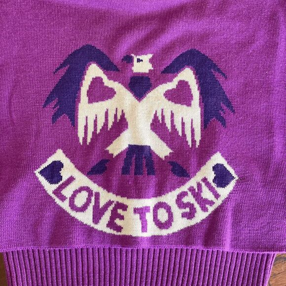 VTG Eisbar Austria Wool Ski Sweater 38 Purple Eagle Love To Ski Graphic - Picture 3 of 9